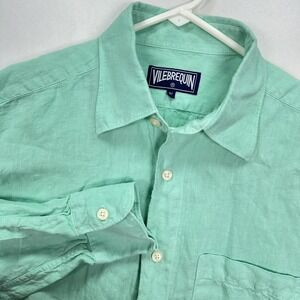 Vilebrequin Linen Shirt Mens Medium Mint Green Button Down Long Sleeve Pocket